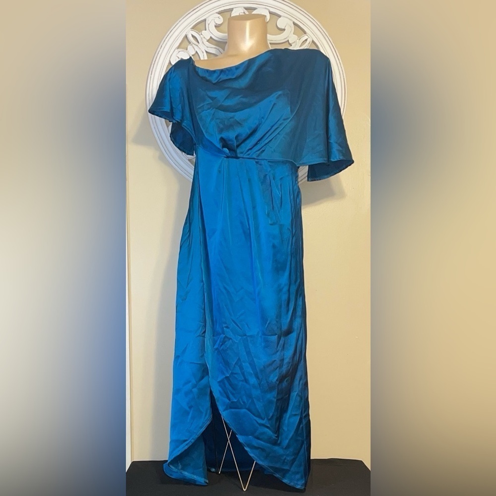 Grace Karin women’s medium 10 12 dress off shoulder teal blue satin stretch nwt